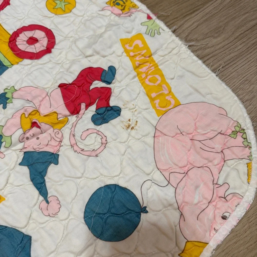 Vintage Circus Clown Baby Quilt Blanket White Multicolor 51x41 1970s 1980s